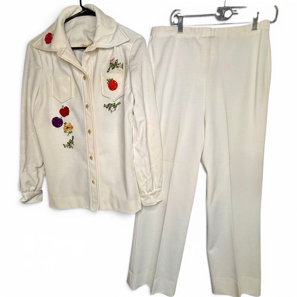 Vintage 70s Cream Knit Pant Suit Fruit Floral Embroidered Beaded 2 Piece Set